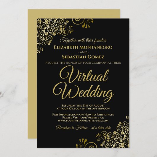 Lacy Gold Frills op Black Elegant Virtual Weddensc Kaart (Voorkant / Achterkant)