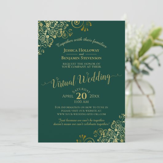 Lacy Gold Frills op Emerald Green Virtual Wedding Kaart (Staand voorkant)