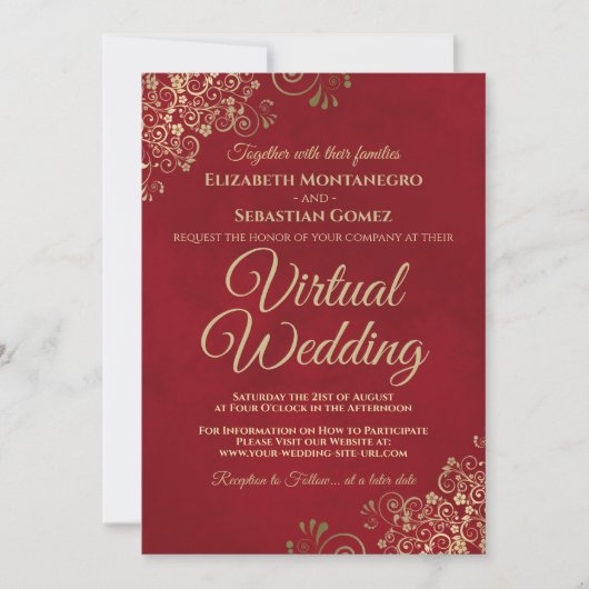 Lacy Gold Frills op Red Elegant Virtual Wedding Kaart (Voorkant)