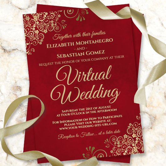 Lacy Gold Frills op Red Elegant Virtual Wedding Kaart