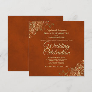 Lacy Gold Frills op Rust Oranje Elegant Wedding Kaart