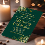 Lacy Gold op Emerald Green Simple Elegant Wedding Kaart<br><div class="desc">Deze prachtige trouwuitnodiging is voorzien van een eenvoudig, maar elegant ontwerp van gouden tekst op een groene achtergrond met gouden faux folie floral filigree. Welkom uw gasten om uw speciale huwelijksfeestdag te delen met deze prachtige, geavanceerde uitnodigingen met gouden tekst. Een bruiloft is een keer in een leven lang feest...</div>
