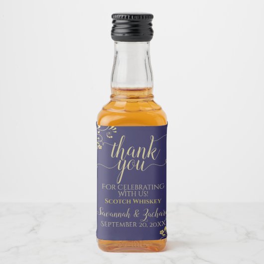 Lacy Gold op marinesblauwe bruiloft Dank je Mini Likeurfles Etiket (Voorkant)