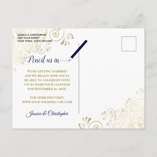 Lacy Gold op Navy Blue Bruiloft Bewaar de datum Fo Aankondigingskaart (Achterkant)
