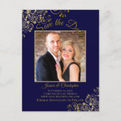 Lacy Gold op Navy Blue Bruiloft Bewaar de datum Fo Aankondigingskaart (Voorkant)