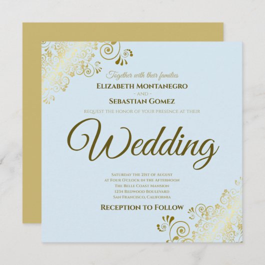 Lacy Gold op Powder Blue Elegant Square Wedding Kaart (Voorkant / Achterkant)