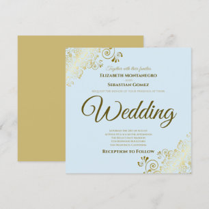 Lacy Gold op Powder Blue Elegant Square Wedding Kaart