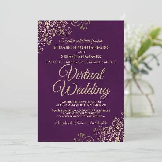 Lacy gouden franjes op Paarse elegante virtuele br Kaart (Staand voorkant)