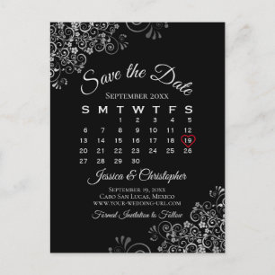 Lacy Grey op Black Wedding Save the Date Calendar Aankondigingskaart