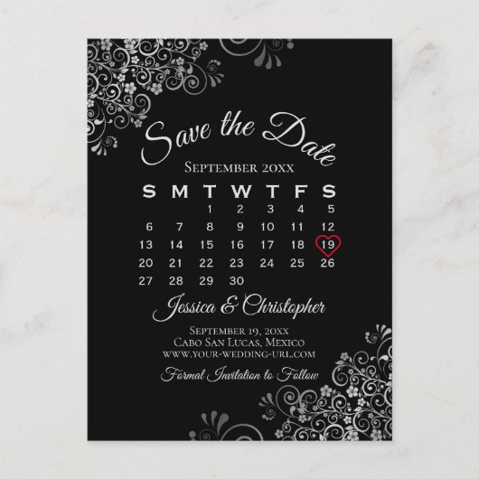 Lacy Grey op Black Wedding Save the Date Calendar Aankondigingskaart (Voorkant)
