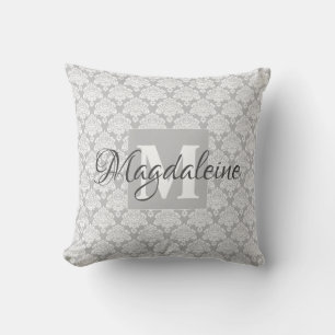 Lacy Grey & White Damask Name & Monogram Kussen