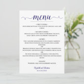 Lacy kalligrafie marine blauw & wit bruiloft menu (Staand voorkant)