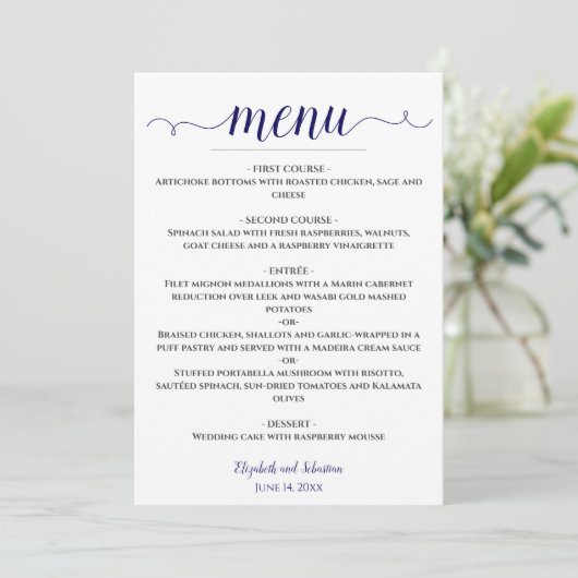 Lacy kalligrafie marine blauw & wit bruiloft menu (Staand voorkant)