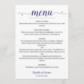 Lacy kalligrafie marine blauw & wit bruiloft menu (Voorkant)