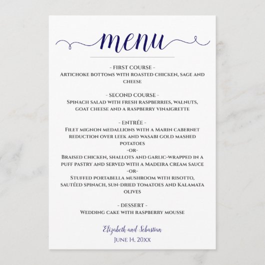 Lacy kalligrafie marine blauw & wit bruiloft menu (Voorkant)