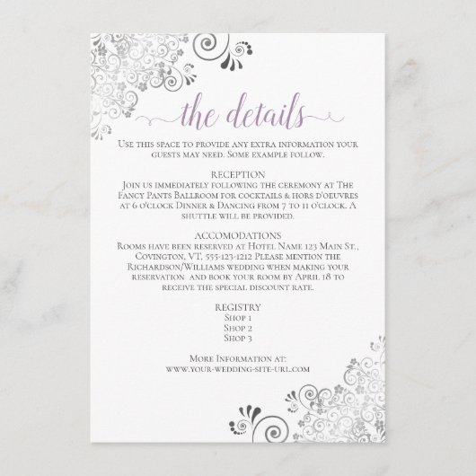 Lacy Lavender Calligraphy on White Wedding Details Informatiekaartje (Voorkant)