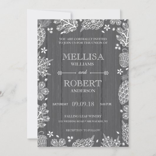 Lacy Leaves on Wood Wedding Invitation Kaart (Voorkant)