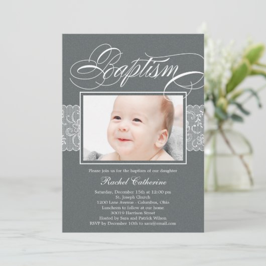 Lacy lint foto doop uitnodiging (Staand voorkant)