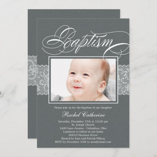 Lacy lint foto doop uitnodiging (Voorkant / Achterkant)