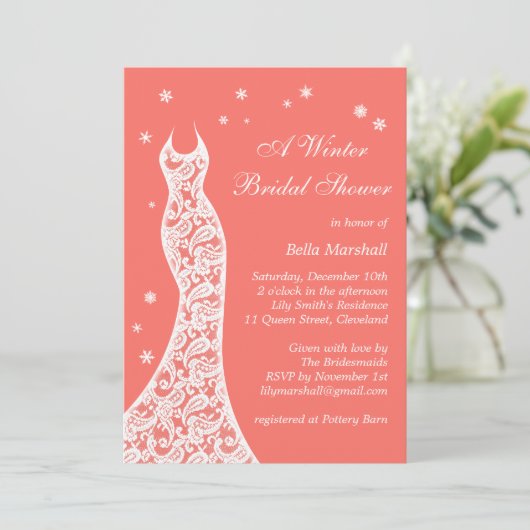 Lacy Living Coral Winter Bridal Shower Kaart (Staand voorkant)