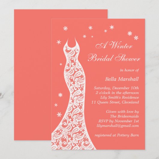 Lacy Living Coral Winter Bridal Shower Kaart (Voorkant / Achterkant)