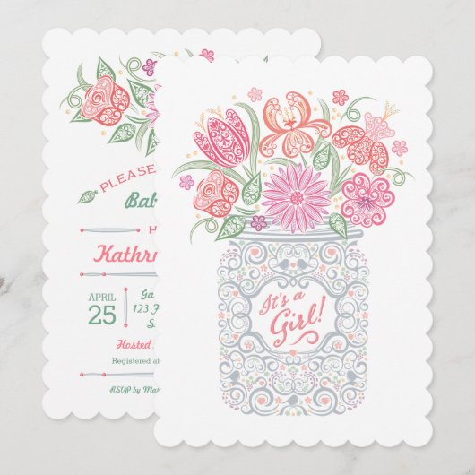 Lacy Mason Jar Baby shower Het is een meisjesuitno Kaart (Voorkant / Achterkant)