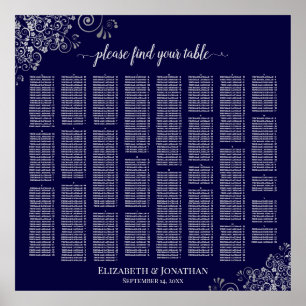 Lacy Navy Blue & Silver Alfabetical Seating Chart Poster