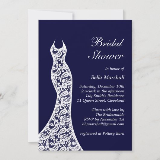 Lacy Navy & White Bridal Shower Invitation Kaart (Voorkant)