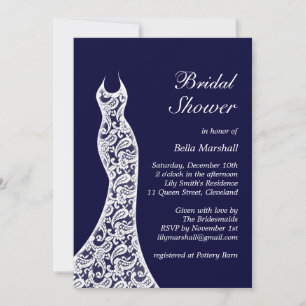 Lacy Navy & White Bridal Shower Invitation Kaart