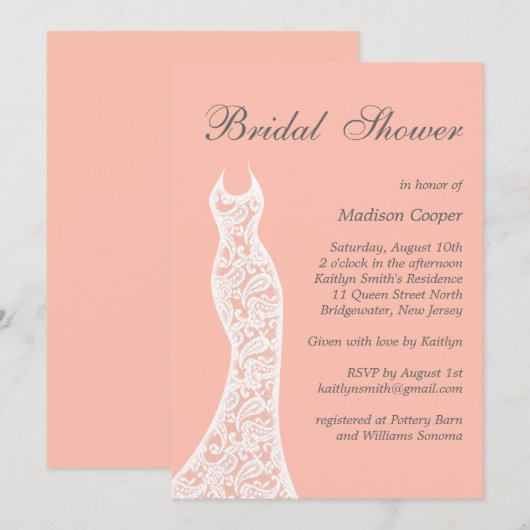 Lacy Peach Bridal Shower-uitnodiging Kaart (Voorkant / Achterkant)