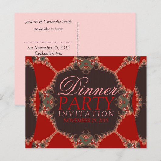 Lacy Red Batik Dinner Party Invitation Briefkaart (Voorkant / Achterkant)