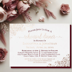 Lacy Roze Goud & Burgundy Trouw Rehearsal Dinner Folie Uitnodiging