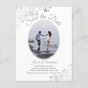 Lacy Sage Green Wedding Save the Date Photo Aankondigingskaart