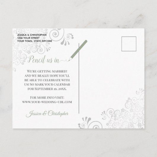 Lacy Sage Green Wedding Save the Date Photo Aankondigingskaart (Achterkant)
