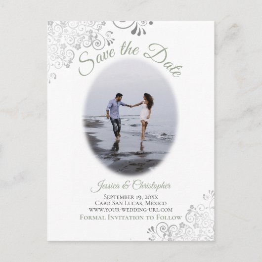 Lacy Sage Green Wedding Save the Date Photo Aankondigingskaart (Voorkant)