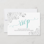 Lacy Silver & Aqua op wit Elegant Script bruiloft RSVP Kaartje (Voorkant)