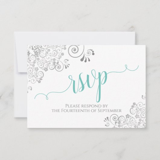 Lacy Silver & Aqua op wit Elegant Script bruiloft RSVP Kaartje (Voorkant)