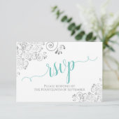 Lacy Silver & Aqua op wit Elegant Script bruiloft RSVP Kaartje (Staand voorkant)