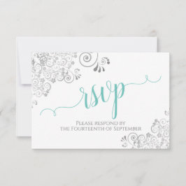Lacy Silver & Aqua op wit Elegant Script bruiloft RSVP Kaartje