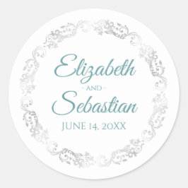 Lacy Silver Border Elegant Blauwgroen & White Wedd Ronde Sticker