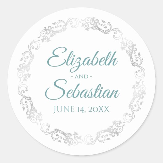 Lacy Silver Border Elegant Blauwgroen & White Wedd Ronde Sticker (Voorkant)