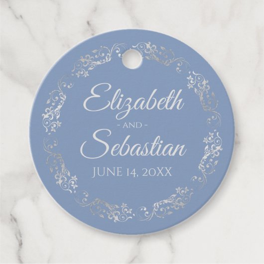Lacy Silver Border Elegant Dusty Blue Wedding Bedankjes Labels (Voorkant)