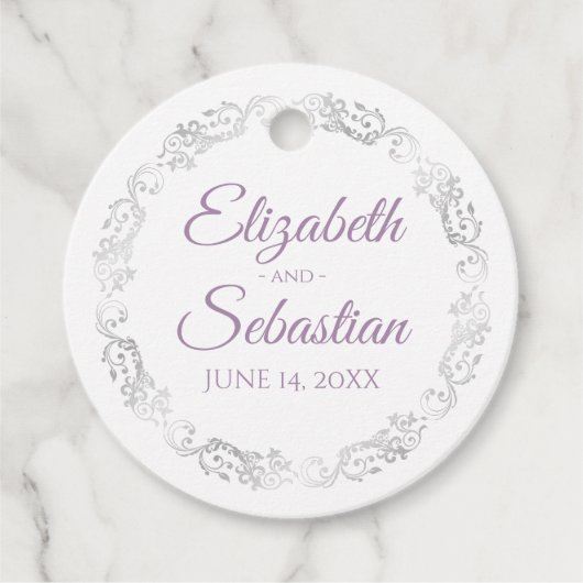 Lacy Silver Border Lavender & White Chic Weduwen Bedankjes Labels (Voorkant)