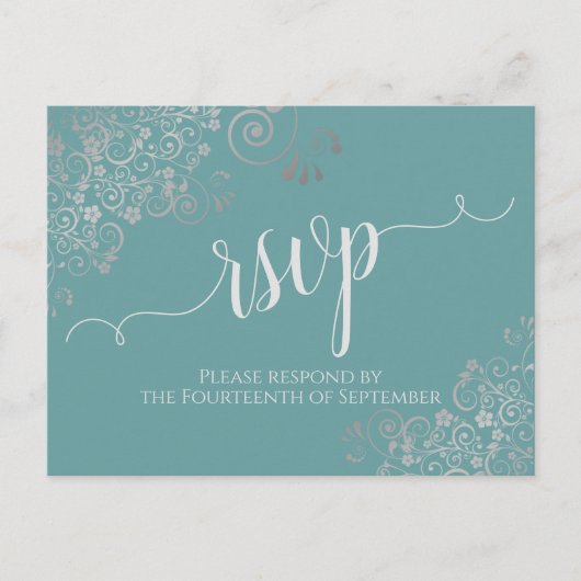 Lacy Silver Calligraphy Blauwgroen Wedding RSVP Briefkaart (Voorkant)
