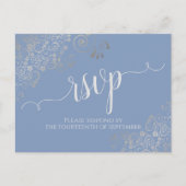 Lacy Silver Calligraphy Light Blue Wedding RSVP Briefkaart (Voorkant)