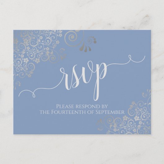 Lacy Silver Calligraphy Light Blue Wedding RSVP Briefkaart (Voorkant)
