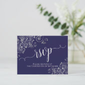 Lacy Silver Calligraphy Navy Blue Wedding RSVP Briefkaart (Staand voorkant)