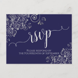 Lacy Silver Calligraphy Navy Blue Wedding RSVP Briefkaart