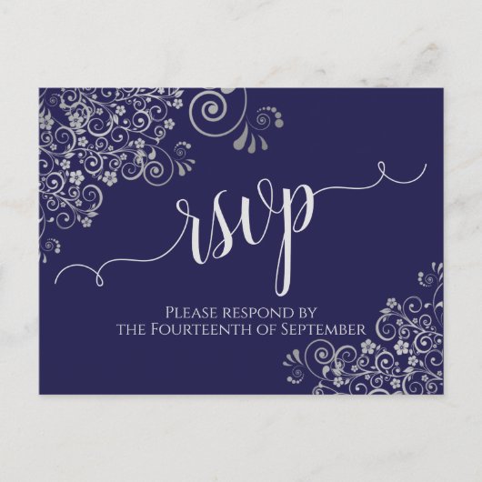 Lacy Silver Calligraphy Navy Blue Wedding RSVP Briefkaart (Voorkant)