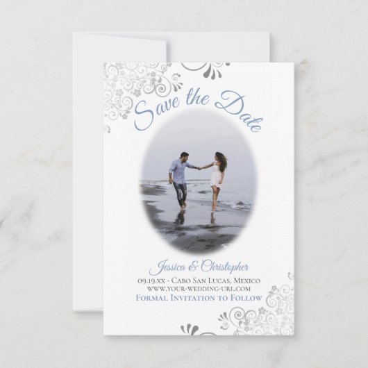 Lacy Silver Dusty Blue op witte ovale foto bruilof Save The Date (Voorkant)